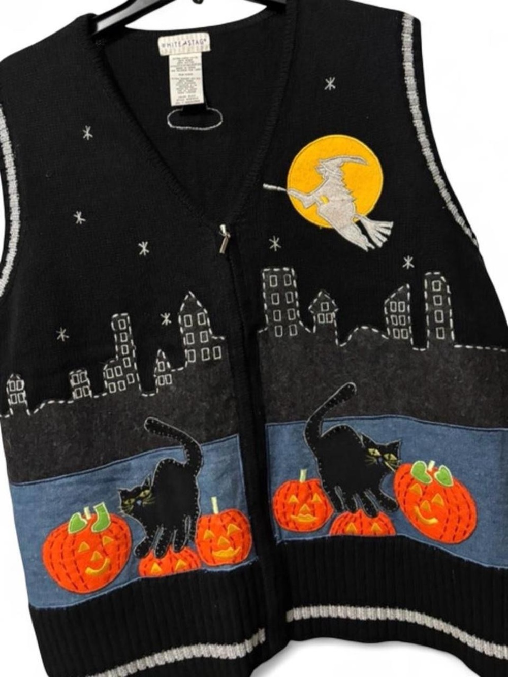 Vintage White Stag Halloween black zip sweater vest black cat pumpkins witch XL - Picture 3 of 8